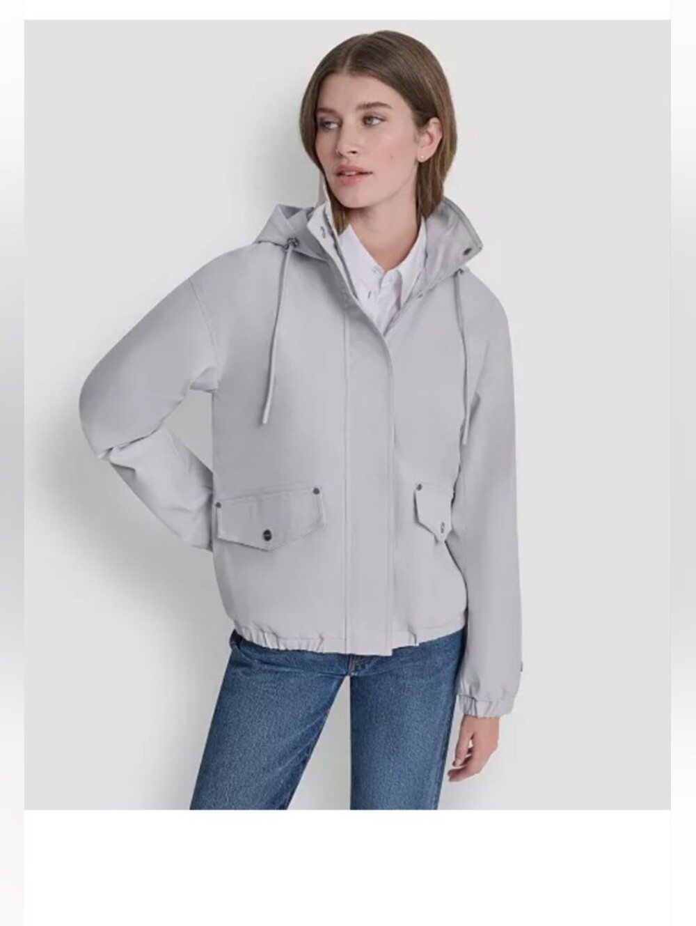 DKNY Light Gray Hooded Rain  Jacket